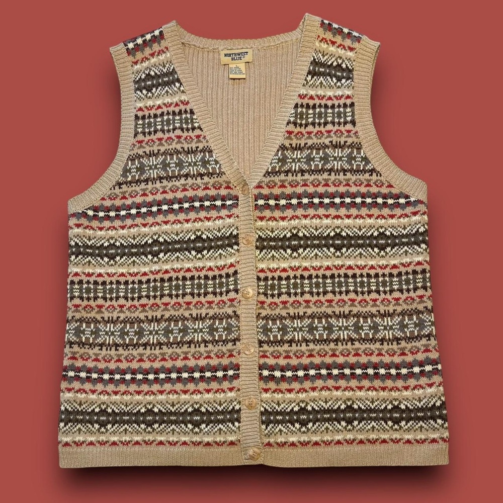 Vintage Patterned Sweater Vest Size Medium Granola Cottagecore Northwest Blue